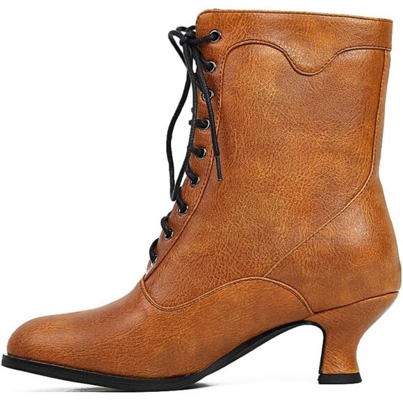 Women's Victorian Ankle Boots Mid Calf Round Toe Boots With Chunky Heel Brown - Picture 2 of 6